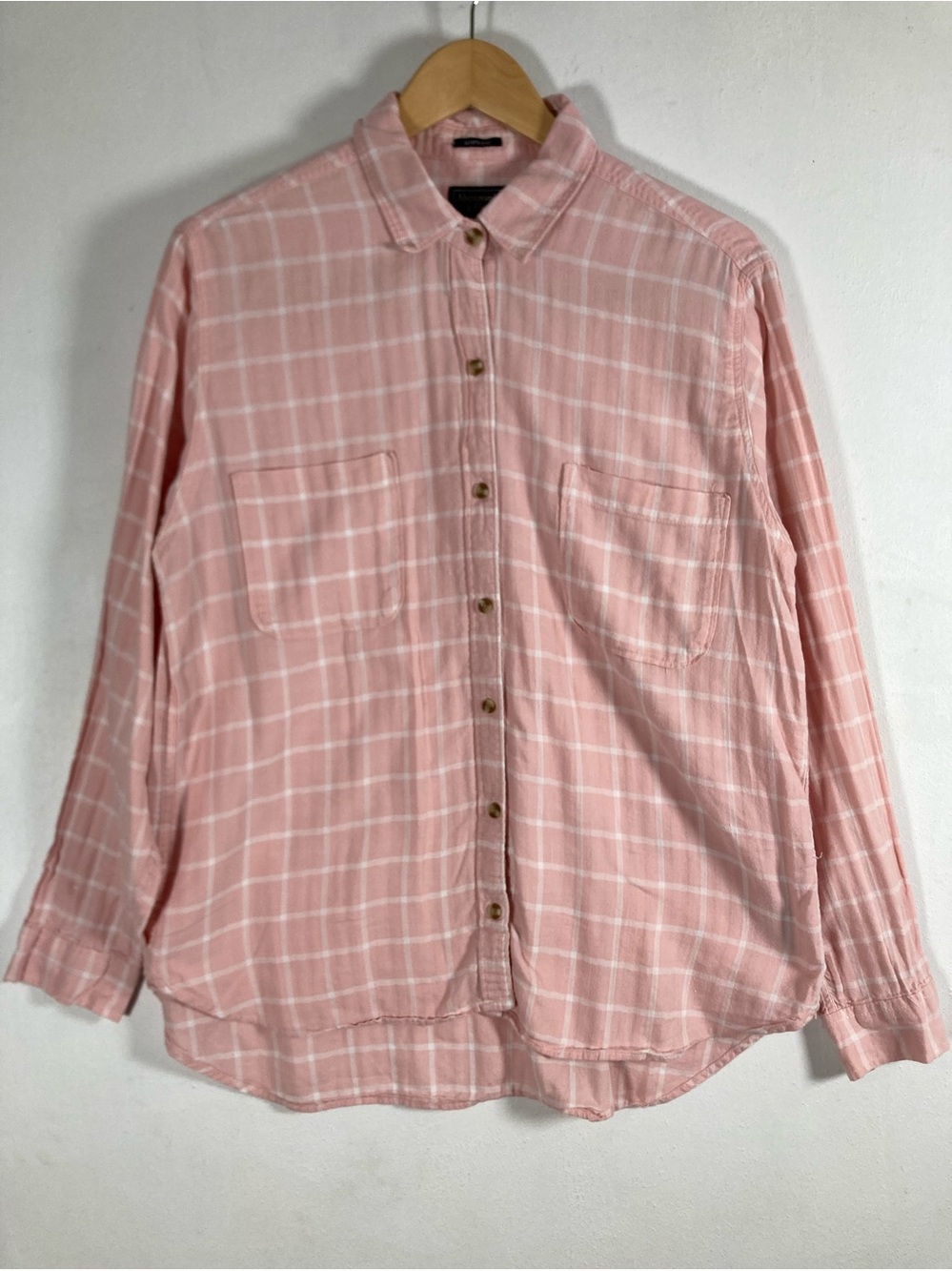 Abercrombie & Fitch Women's Pink White Windowpane Plaid Boyfriend Flannel Shirt